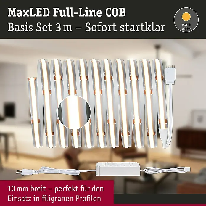 Paulmann MaxLED 500 Verlängerungs-Set Full-Line COB - 3 m, 19 W, Warmweiß, 1.500 lm - MaxLED Full-Line COB Basis Set 3 m: Sofort startklar. Das LED-Band ist 10 mm breit und perfekt für filigrane Profile.