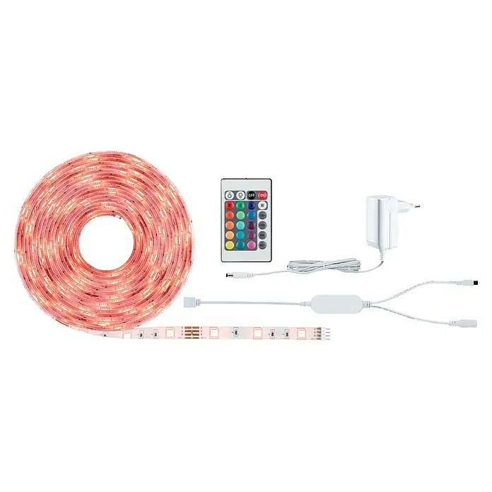 Paulmann SimpLED LED-Band-Set RGB 3 in 1 ZIGBEE - Länge: 5 m, Lichtfarbe: RGB, 20 W, 450 lm, 230 V - LED-Streifen mit Fernbedienung und Netzteil. Das Set enthält einen LED-Streifen, eine Fernbedienung und ein Netzteil zur einfachen Installation.