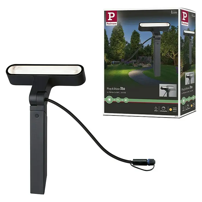 Paulmann Plug & Shine LED-Gartenspot Ito - 7,5 W, Warmweiß, L x B x H: 4 x 22,7 x 37,2 cm - Abbildung einer Paulmann Plug & Shine Ito Gartenleuchte, die warmweißes Licht spendet und dimmbar ist, ideal für die Gartenbeleuchtung.