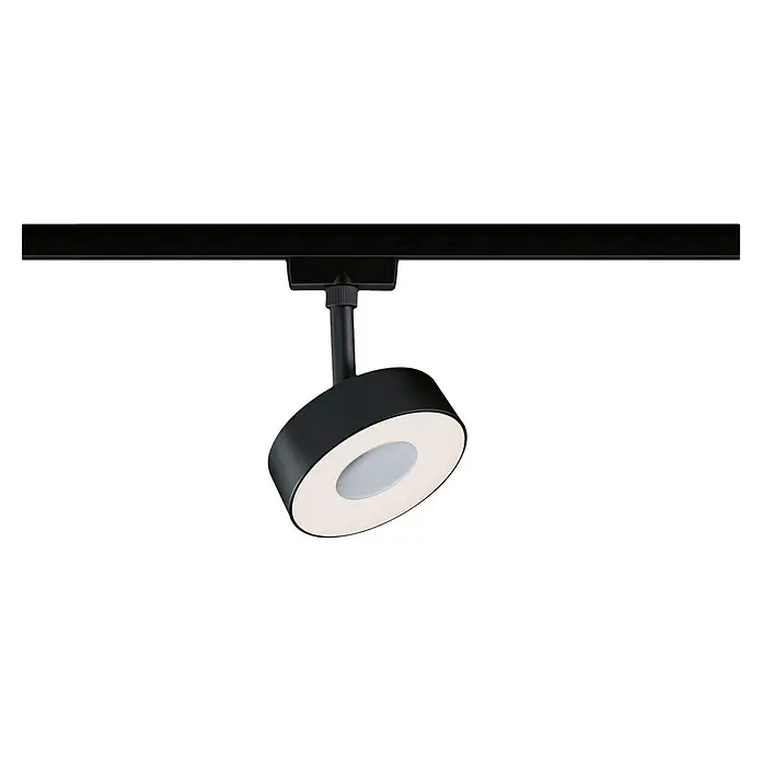 Paulmann URail LED-Spot Circle 3-Step-Dim - Schwarz matt, Warmweiß - Nahaufnahme einer modernen, runden LED-Trackleuchte mit schwarzem Gehäuse und weißem Lichtring, montiert an einer schwarzen Schiene.