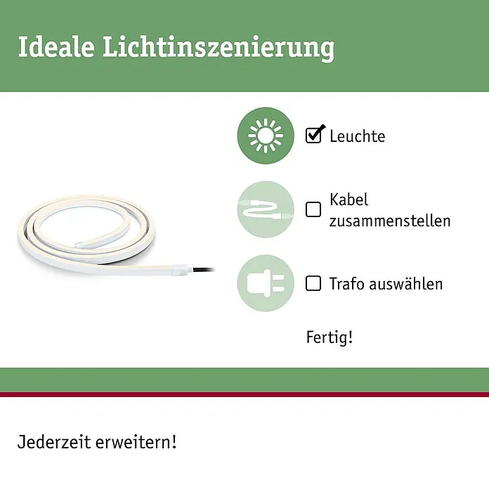 Paulmann Plug & Shine LED-Band Smooth Stripe Outdoor - Länge: 2 m, Lichtfarbe: Warmweiß, 235 lm, 24 V, 12 W - Die LED-Lichtleiste für eine ideale Lichtinszenierung. Schrittweise Anleitung zur Installation mit Leuchte, Kabel und Trafo.