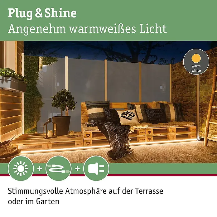 Paulmann Plug & Shine LED-Band Smooth Stripe Outdoor - Länge: 2 m, Lichtfarbe: Warmweiß, 235 lm, 24 V, 12 W - Stimmungsvolle Terrassenbeleuchtung mit Plug & Shine. Das warmweiße Licht sorgt für eine angenehme Atmosphäre im Garten.