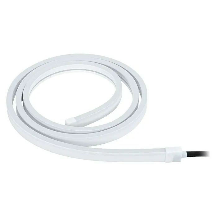 Paulmann Plug & Shine LED-Band Outdoor - Länge: 2 m, RGBW, 280 lm, 24 V - Das Bild zeigt eine weiße, biegsame LED-Neonröhre, die zu einer Spirale aufgerollt ist. Die LED-Leuchte ist ideal für dekorative Beleuchtung.