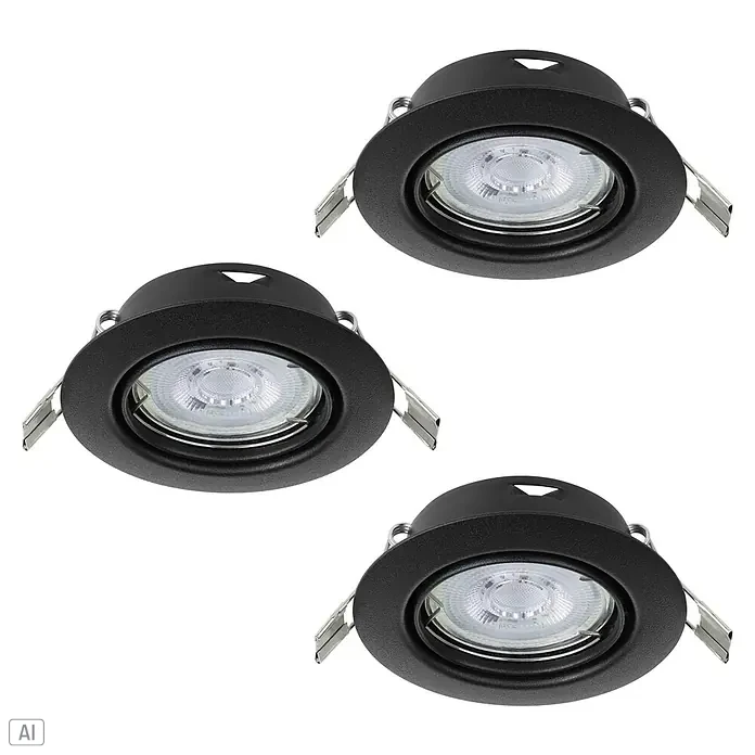 Eglo Einbauleuchten-Set MAZUBY - 5 W, Schwarz, Warmweiß - Drei schwarze Einbaustrahler mit runden Fassungen und silbernen Befestigungsklammern auf schwarzem Hintergrund.