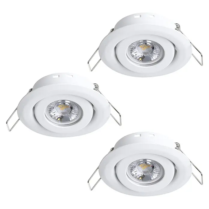 Eglo LED-Einbauleuchten-Set rund SALICETO MINI-PUCK 1 - 4,2 W, Ø x H: 7,7 x 2,3 cm, Weiß, Warmweiß - Abbildung von drei weißen, drehbaren LED-Einbauspots für Decken, die sich ideal für moderne Innenräume eignen.