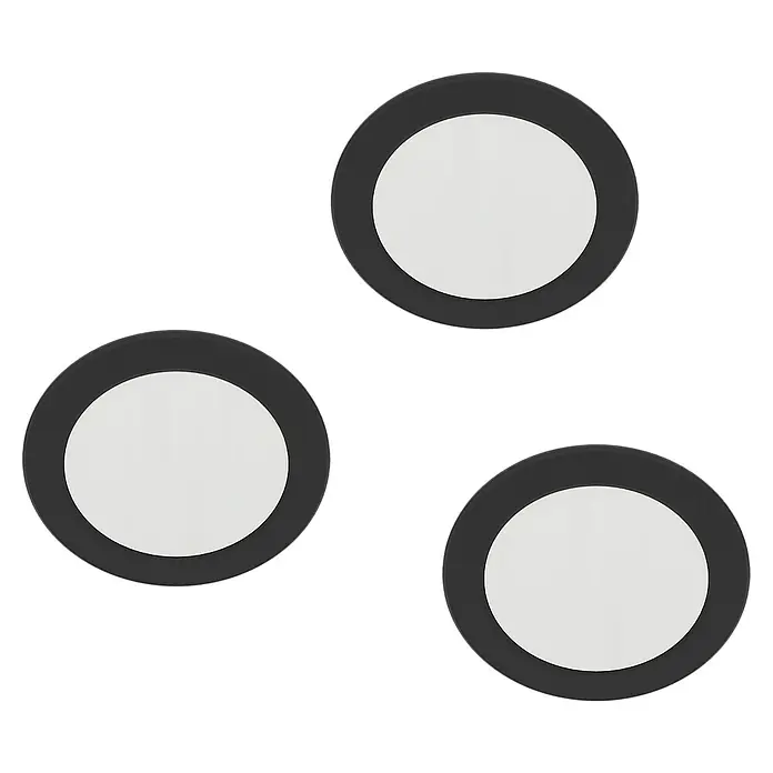 Eglo LED-Einbauleuchten-Set rund ABIUL - 3,2 W, Ø x H: 8,6 x 4 cm, Schwarz, RGBW - Drei runde Kameralinsen mit schwarzem Rand und weißem Mittelteil auf schwarzem Hintergrund.