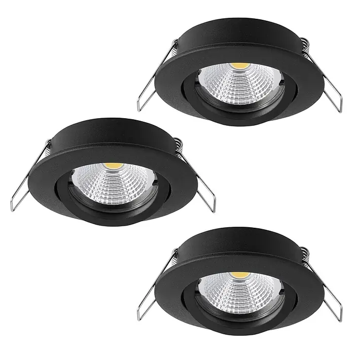Eglo LED-Einbauleuchten-Set rund TEDO 1 - 14,4 W, Schwarz, Warmweiß - Nahaufnahme von drei schwarzen LED-Deckenspots mit Chromspangen, die ein modernes und energieeffizientes Beleuchtungssystem darstellen.