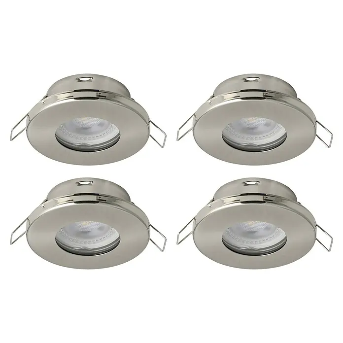 Eglo LED-Einbauleuchten-Set rund MAZUBY-LED 1 - 5 W, Nickel-matt, Warmweiß - Abbildung von vier LED-Einbaustrahlern aus Edelstahl, die für eine moderne Beleuchtungslösung sorgen.