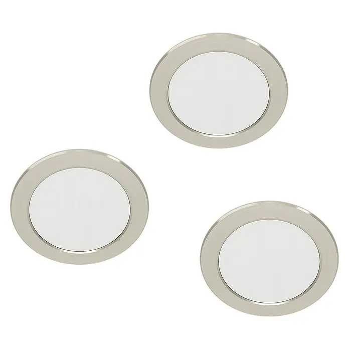 Eglo LED-Einbauleuchten-Set rund ABIUL - 3,2 W, Ø x H: 8,6 x 4 cm, Nickel, RGBW - Drei runde LED-Deckeneinbauleuchten mit silberfarbenen Rahmen auf schwarzem Hintergrund. Modernes Design für stilvolle Beleuchtung.