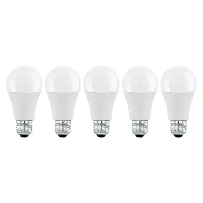 Eglo LED-Lampen Set 5er Set - E27, Nicht Dimmbar, Warmweiß, 806 lm, 8,5 W - Nahaufnahme von fünf A19 LED-Lampen vor einem schwarzen Hintergrund, die effiziente Beleuchtungslösungen für den Haushalt bieten.