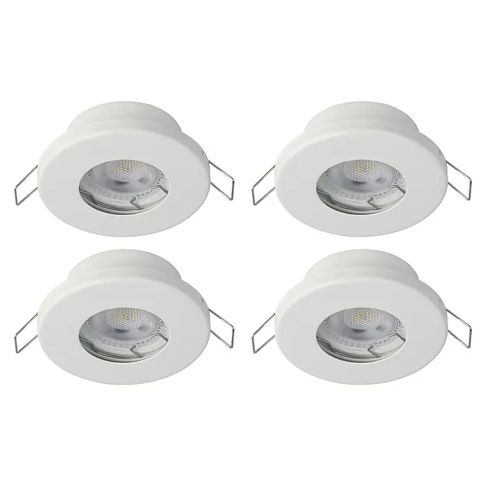 Eglo LED-Einbauleuchten-Set rund MAZUBY-LED 1 - 5 W, Weiß, Warmweiß - Abbildung von vier runden, weißen LED-Einbaustrahlern mit silbernen Federn zur Befestigung auf schwarzem Hintergrund.