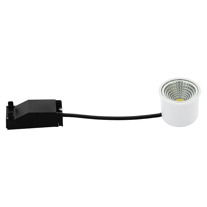 Eglo LED-Einbauleuchte SALICETO - 4,5 W, Warmweiß - Eine LED-Schienenleuchte mit einem schwarzen Adapter und einem weißen, runden Lampenkopf. Sie ist mit einer schwarzen Leitung verbunden.