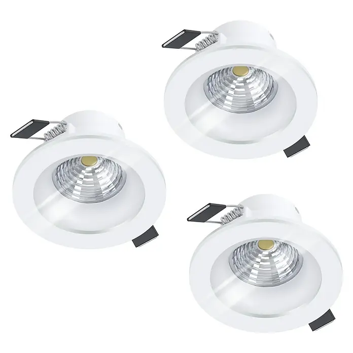 Eglo LED-Einbauleuchten-Set rund SALABATE - 18 W, Weiß, Neutralweiß - Drei weiße LED-Einbaustrahler mit silbernen Befestigungsfedern auf schwarzem Hintergrund.