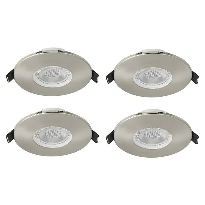 Eglo LED-Einbauleuchten-Set rund MAZUBY-LED 1 Starr - 5 W, Nickel-matt, Warmweiß - Nahaufnahme von vier LED-Einbaustrahlern in gebürstetem Nickel, ideal für moderne Innenräume und energieeffiziente Beleuchtung.