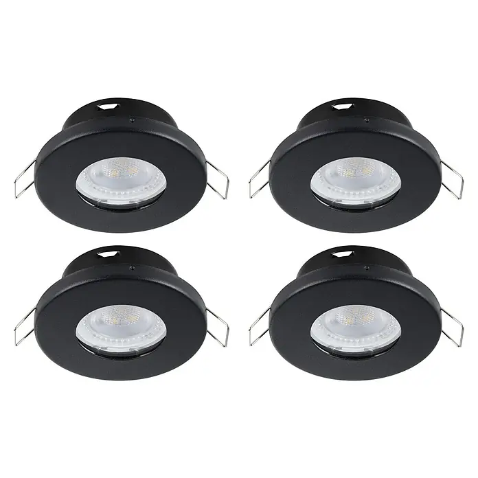 Eglo LED-Einbauleuchten-Set rund MAZUBY-LED 1 - 5 W, Schwarz, Warmweiß - Das Bild zeigt vier LED-Einbaustrahler in Schwarz, ideal für moderne Beleuchtungslösungen. Die Leuchten sind kompakt und energieeffizient.
