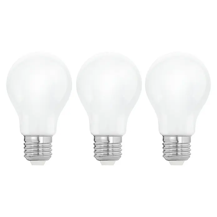 Eglo LED-Lampen Set 3er Set - E27, Warmweiß, 7 W, 3 Stk., Weiß, Opal - Drei weiße LED-Glühbirnen vor schwarzem Hintergrund. Energiesparende Beleuchtung für ein helles Zuhause mit langlebiger Technik.