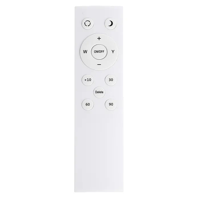 Eglo LED-Deckenleuchte rund CAMPASPERO 2 - IP44, 22,5 W, Ø x H: 42 x 2,5 cm, Silber, RGBW - Nahaufnahme einer weißen Fernbedienung mit verschiedenen Tasten zur Steuerung eines Geräts. Fokus auf Bedienbarkeit und schlichtes Design.