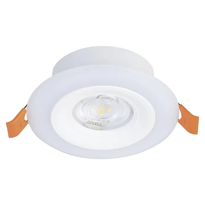 Eglo LED-Einbauleuchten-Set rund CALOGNE - 3,8 W, Weiß, RGBW - Ein weißer LED-Deckeneinbaustrahler mit orangefarbenen Halteklammern, ideal für moderne Beleuchtungslösungen.