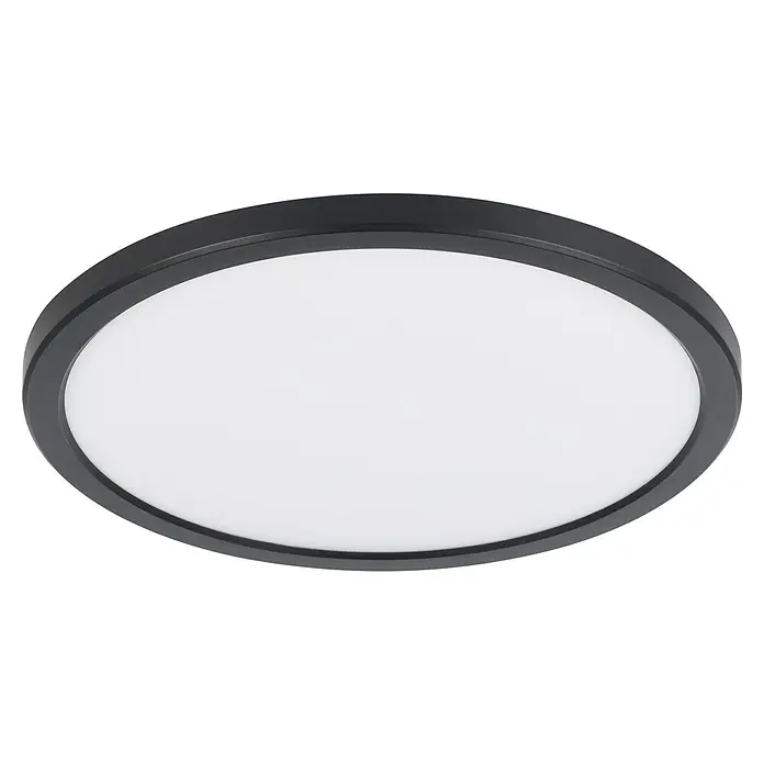 Eglo LED-Deckenleuchte rund CAMPASPERO 2 - IP44, 18 W, Ø x H: 29,5 x 2,5 cm, Schwarz, RGBW - Nahaufnahme einer schwarzen runden LED-Deckenleuchte mit einem hellen, diffusen Lichtfeld in der Mitte.
