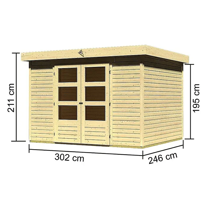 Karibu Gartenhaus Askola - Außenmaß inkl. Dachüberstand (B x T): 330 x 262 cm, Holz, Natur - Abbildung eines Gartenhauses mit den Maßen 302 cm x 246 cm x 211 cm (Höhe) und 195 cm (Seitenhöhe).