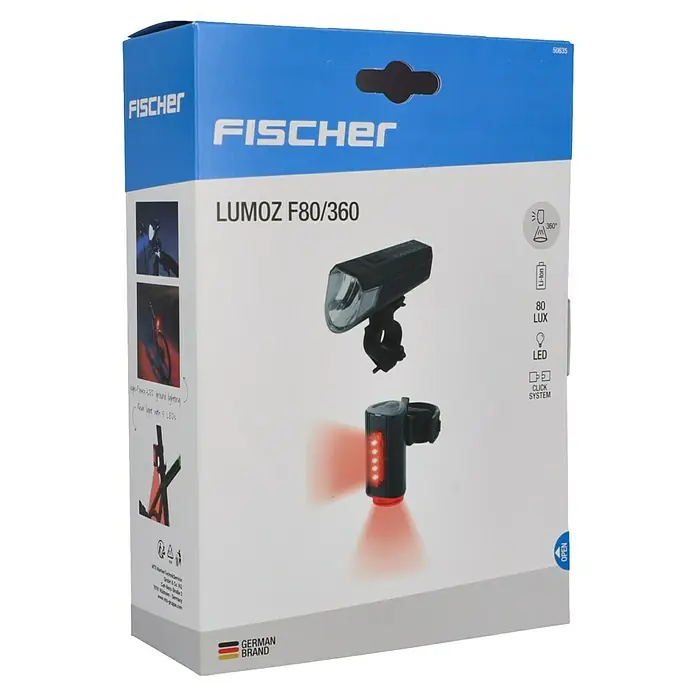 Fischer Fahrradbeleuchtungs-Set - 80 lx, LED, Schwarz - Verpackung der Fischer Lumoz F80/360 Fahrradlampe, die ein helles Vorderlicht und ein rotes Rücklicht mit mehreren LEDs enthält.