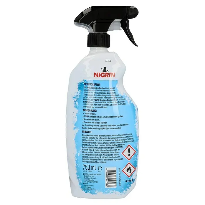 Nigrin Scheibenenteiser Power - 750 ml, Max. Frostbeständigkeit: -55 °C - Abbildung einer Nigrin Scheiben-Enteiser Sprühflasche, ein hochwirksames Konzentrat für eisfreie Scheiben und klare Sicht.