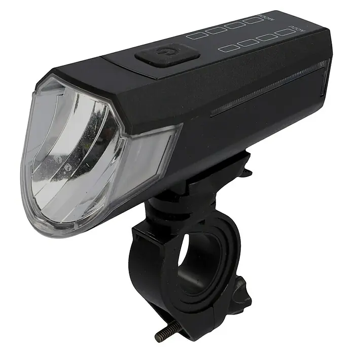 Fischer Fahrradbeleuchtungs-Set - 80 lx, LED, Schwarz - Nahaufnahme einer Fahrradlampe mit schwarzem Gehäuse und transparentem Reflektor, montiert an einer Lenkerhalterung.