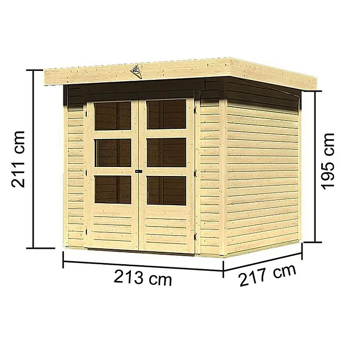 Karibu Gartenhaus Askola - Außenmaß inkl. Dachüberstand (B x T): 242 x 238 cm, Holz, Natur - Produktbild eines Holzgartenhauses mit den Maßen 211 cm Höhe, 213 cm Breite und 217 cm Tiefe. Das Gartenhaus hat eine Doppeltür.
