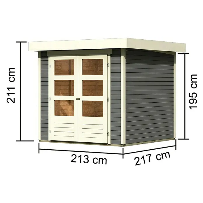 Karibu Gartenhaus Askola - Außenmaß inkl. Dachüberstand (B x T): 242 x 238 cm, Holz, Terragrau - Abbildung eines Gartenhauses mit Maßangaben. Das Haus ist aus Holz gefertigt und hat eine Doppeltür und ein Flachdach.