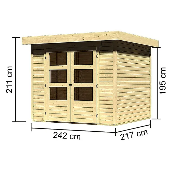Karibu Gartenhaus Askola - Außenmaß inkl. Dachüberstand (B x T): 266 x 238 cm, Holz, Natur - Abbildung eines Holzschuppens mit Maßangaben. Der Schuppen ist aus hellem Holz und hat eine Doppeltür.