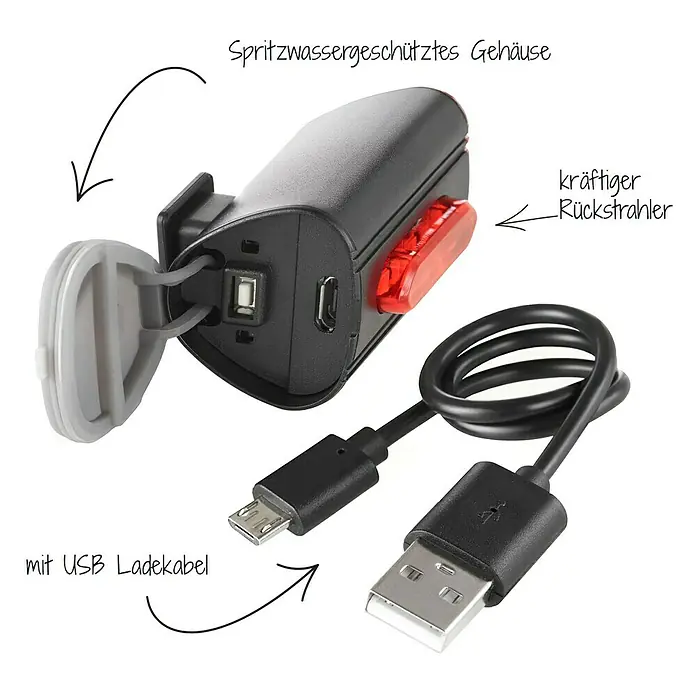 Fischer Fahrradbeleuchtungs-Set - 60 lx, LED, Schwarz - Fahrradlampe mit spritzwassergeschütztem Gehäuse, Rückstrahler und USB-Ladekabel für einfaches Aufladen.