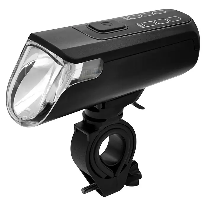 Fischer Fahrradbeleuchtungs-Set - 60 lx, LED, Schwarz - Nahaufnahme einer schwarzen Fahrradlampe mit Halterung, die auf einem Lenker befestigt wird.