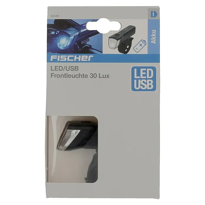 Fischer LED-Frontleuchte - Beleuchtungsstärke: 30 lx - Produktverpackung für FISCHER LED/USB Frontleuchte 30 Lux, ideal für Fahrräder. Wiederaufladbar mit Akku, sorgt für sichere Fahrt.