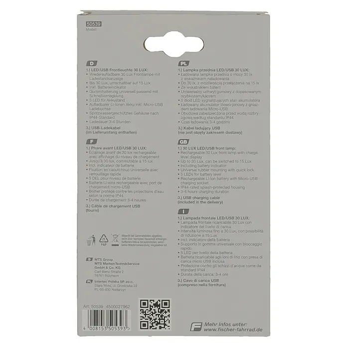 Fischer LED-Frontleuchte - Beleuchtungsstärke: 30 lx - Image of the product packaging for a LED/USB front light with 30 LUX, featuring key product details and multilingual descriptions.