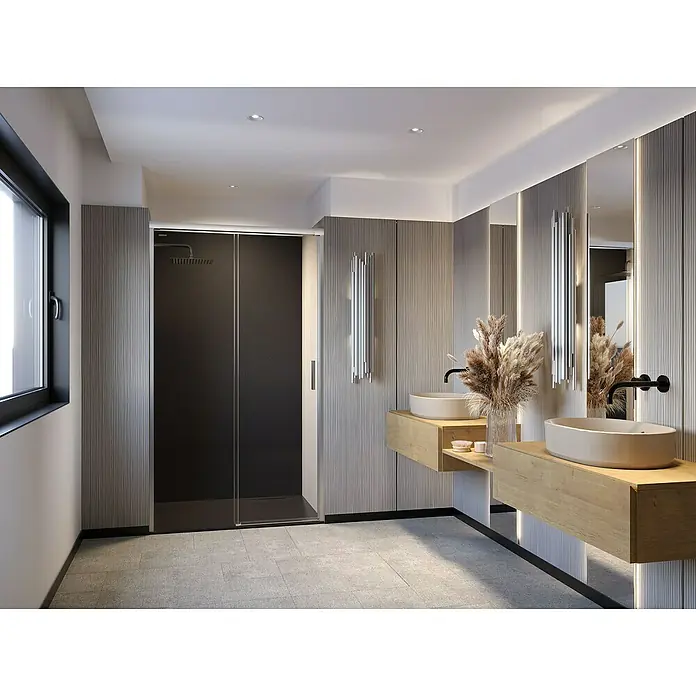 Duscholux Mampara de ducha frontal Mode One24 - 185 x 200 cm, Vidrio transparente, Longitud regulable: 180,1 cm - 185 cm, Plata Brillo - Elegante baño con ducha moderna, lavabos con encimera y diseño de pared con líneas verticales.