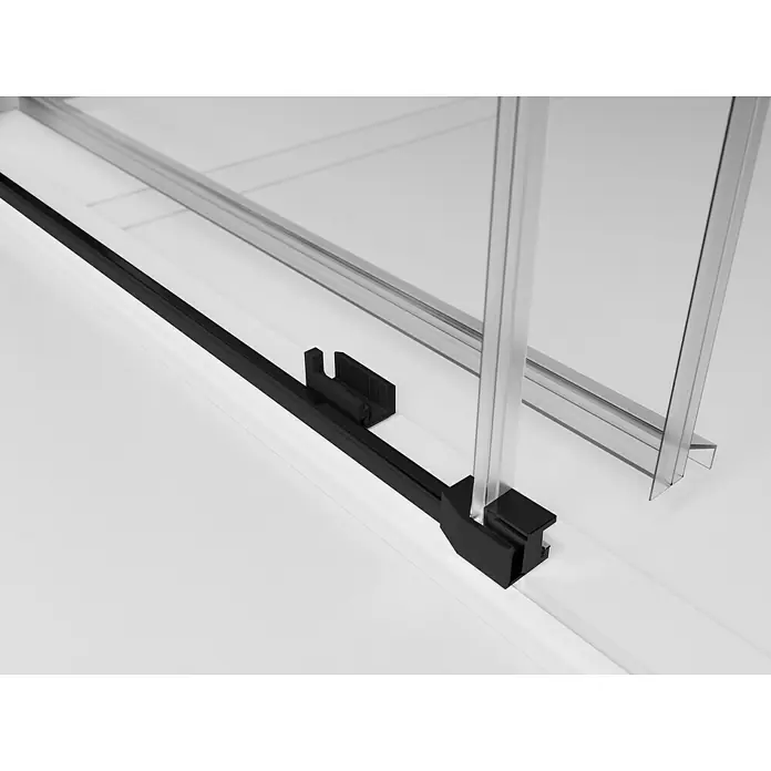 Duscholux Mampara de ducha frontal Mode One24 - 120 x 200 cm, Vidrio transparente, Longitud regulable: 115 cm - 120 cm, Negro - Detalle de una mampara de ducha, con detalles en negro y plata que resaltan un diseño moderno.