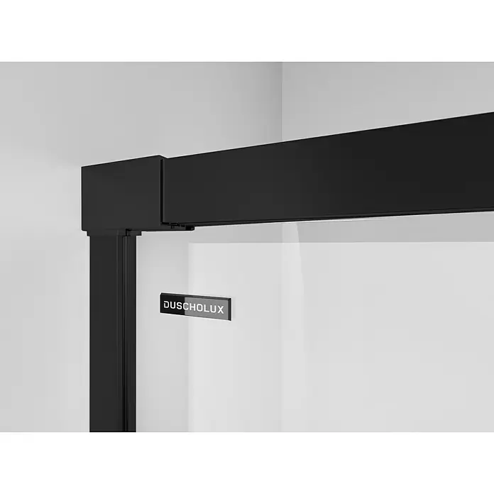 Duscholux Mampara de ducha frontal Mode One24 - 120 x 200 cm, Vidrio transparente, Longitud regulable: 115 cm - 120 cm, Negro - Detalle de una cabina de ducha Duscholux con marco negro y vidrio transparente, con la marca Duscholux discretamente mostrada.