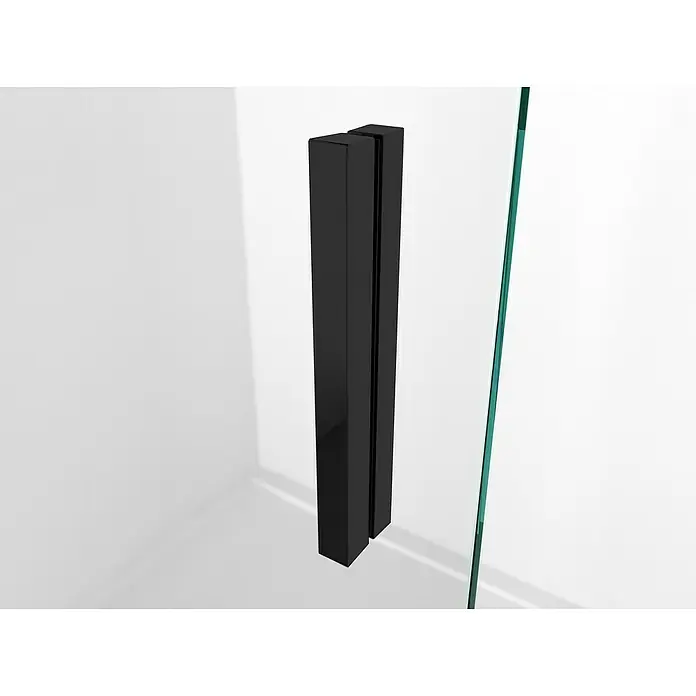 Duscholux Mampara de ducha frontal Mode One24 - 120 x 200 cm, Vidrio transparente, Longitud regulable: 115 cm - 120 cm, Negro - Primer plano de un tirador de puerta de ducha de vidrio rectangular negro sobre un fondo neutro.