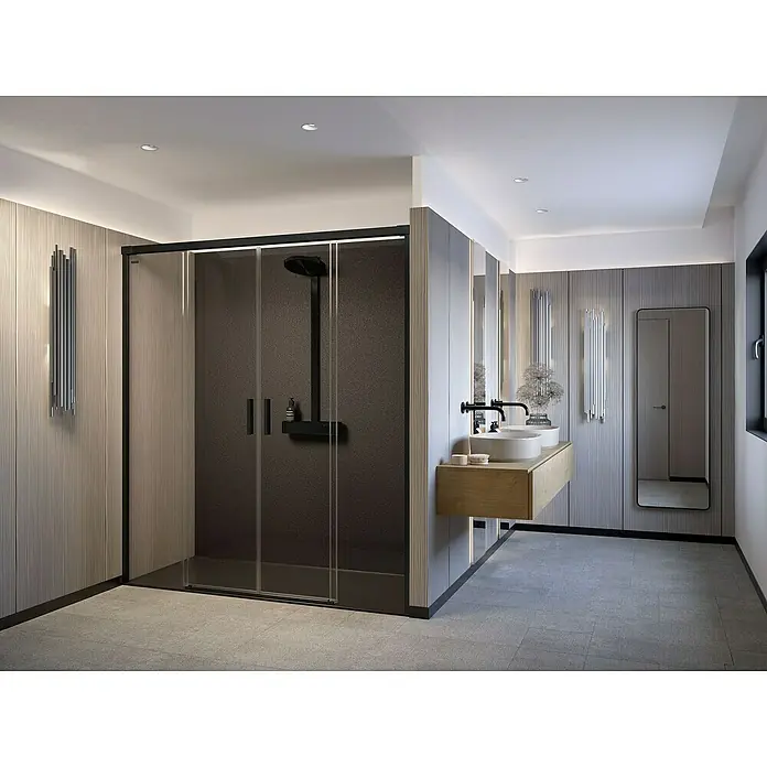 Duscholux Mampara de ducha frontal Mode One24 - 185 x 200 cm, Vidrio transparente, Longitud regulable: 180,1 cm - 185 cm, Negro, 2 ud. - Baño moderno que exhibe una elegante cabina de ducha con marco oscuro, lavabos dobles y elegantes luces de pared para un ambiente lujoso.