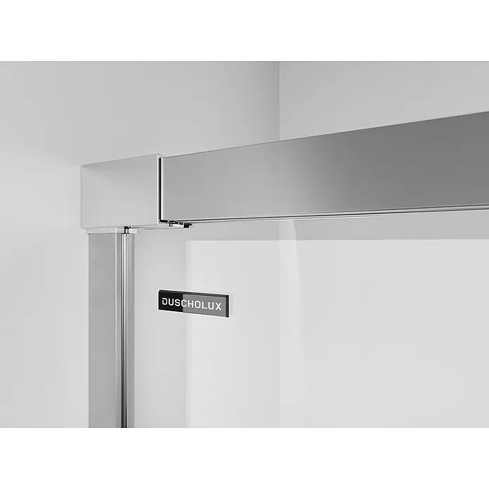 Duscholux Mampara de ducha frontal Mode One24 - 185 x 200 cm, Vidrio transparente, Longitud regulable: 180,1 cm - 185 cm, Plata Brillo - Detalle de una mampara de ducha Duscholux, que muestra líneas limpias y un diseño minimalista.