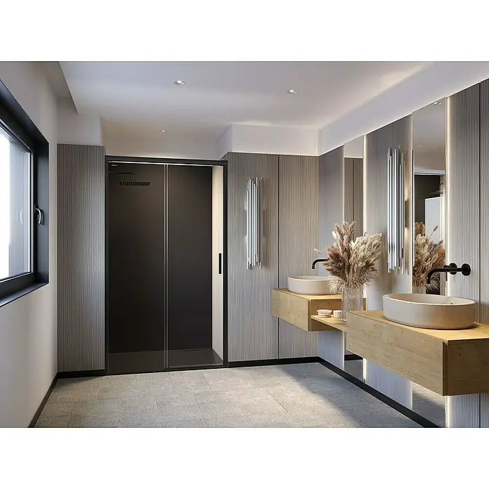 Duscholux Mampara de ducha frontal Mode One24 - 120 x 200 cm, Vidrio transparente, Longitud regulable: 115 cm - 120 cm, Negro - Un baño moderno con un elegante lavabo doble y una cabina de ducha oscura, que combina diseño y funcionalidad en un espacio.