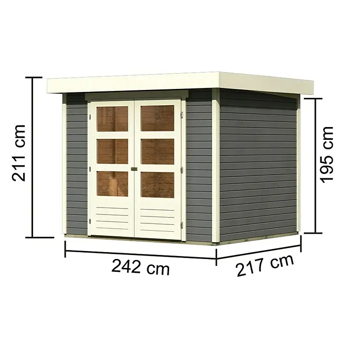 Karibu Gartenhaus Askola - Außenmaß inkl. Dachüberstand (B x T): 266 x 238 cm, Holz, Terragrau - Abbildung eines Gartenhauses mit Abmessungen. Praktischer Geräteschuppen für den Garten mit Doppeltür und Flachdach.