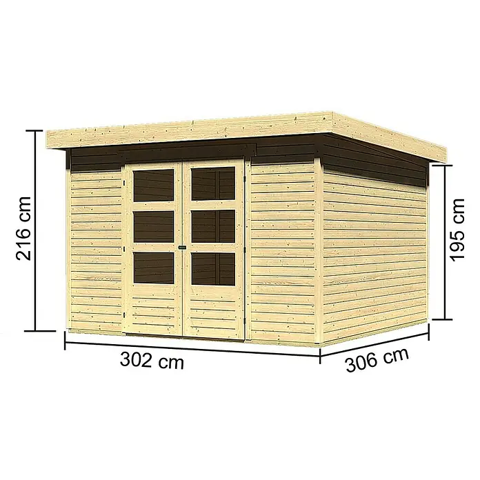 Karibu Gartenhaus Askola - Außenmaß inkl. Dachüberstand (B x T): 334 x 331 cm, Holz, Natur - Abbildung eines Gartenhauses aus Holz mit den Maßen 302 x 306 x 216 cm für zusätzlichen Stauraum im Freien.