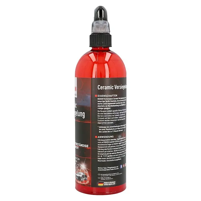 Nigrin Performance Versiegelung Ceramic - 750 ml - Abbildung einer roten Sprühflasche Nigrin Ceramic Versiegelung mit detaillierten Anwendungshinweisen und Produktmerkmalen.