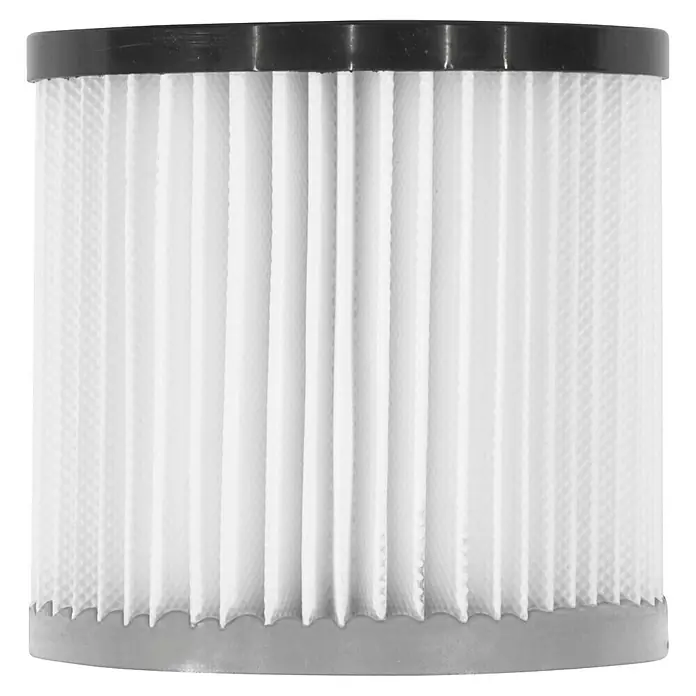 Güde HEPA-Filter - Passend für: Güde Aschesauger GA 18-1200.1, Weiß - Bild eines Patronenfilters mit weißem, gefaltetem Filterelement, eingefasst in schwarzen und grauen Kunststoff.