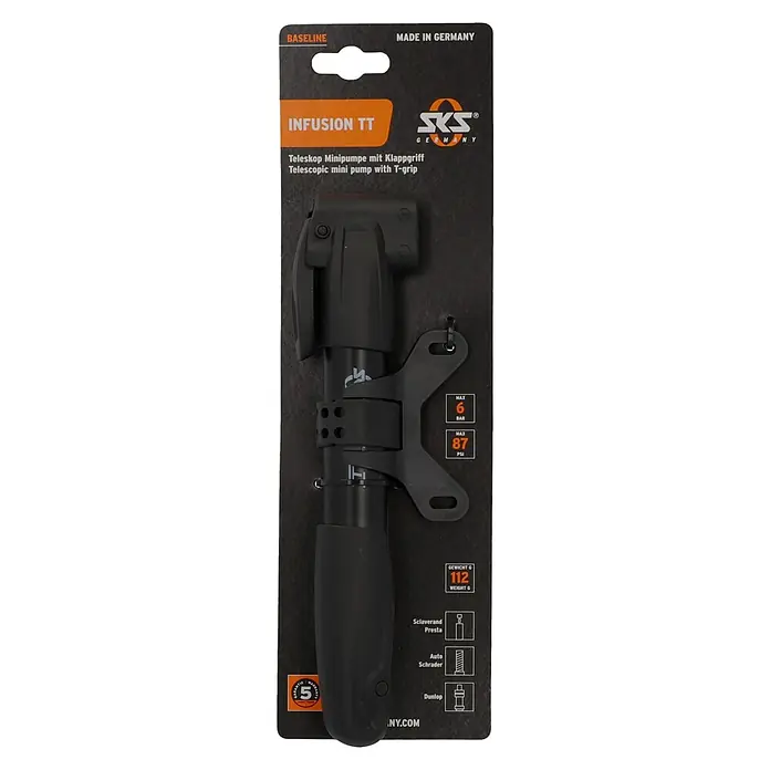 SKS Mini-Luftpumpe Infusion - Geeignet für: Ventile - Eine schwarze SKS Infusion TT Teleskop-Minipumpe mit Klappgriff für Fahrräder, verpackt und bereit für den Einsatz.
