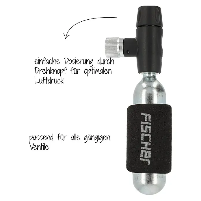 Fischer Mini-Luftpumpe CO2 - Geeignet für: Dunlopventile - Produktabbildung einer schwarzen Fahrradpumpe mit silbernem Knopf zur einfachen Dosierung und FISCHER Logo auf der Hülle.