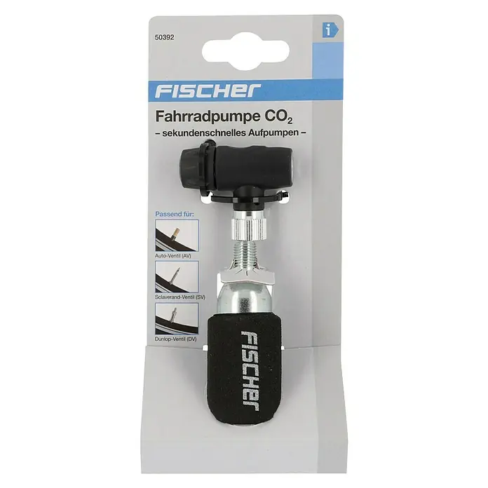 Fischer Mini-Luftpumpe CO2 - Geeignet für: Dunlopventile - Abbildung einer Fischer Fahrradpumpe CO2, die ein schnelles Aufpumpen ermöglicht und für Auto-, Sclaverand- und Dunlop-Ventile geeignet ist.