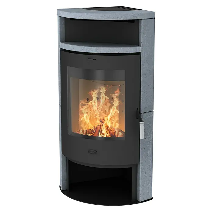 Fireplace Kaminofen Samba - 7 kW, Raumheizvermögen: 126 m³, Material Verkleidung: Keramik, Schwarz - Diese Aufnahme zeigt einen Kaminofen. Der Kaminofen ist in einem Grau-Ton gehalten und wirkt modern und einladend.