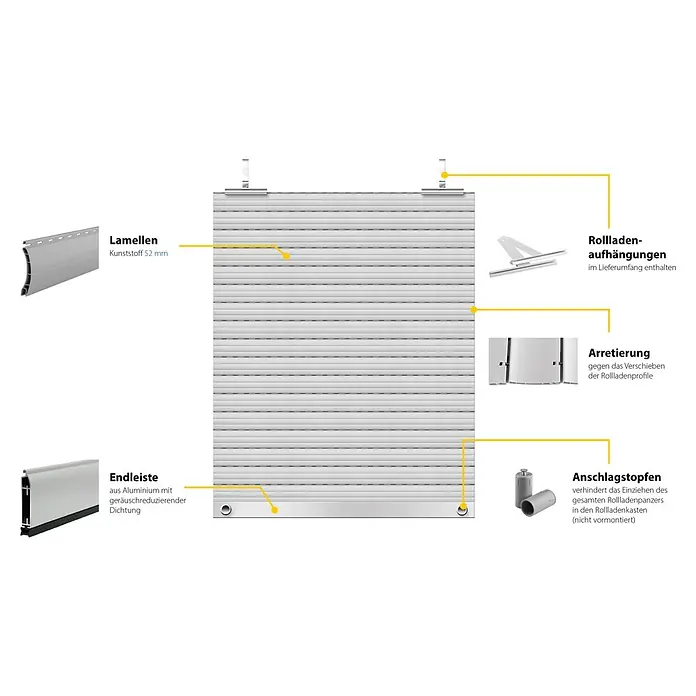 Schellenberg Rollladenpanzer MAXI - 100 x 220 cm, Achatgrau - Produktbild eines Rollladens mit Kunststofflamellen (52 mm), Endleiste aus Aluminium, Aufhängungen und Arretierung gegen Verschieben.